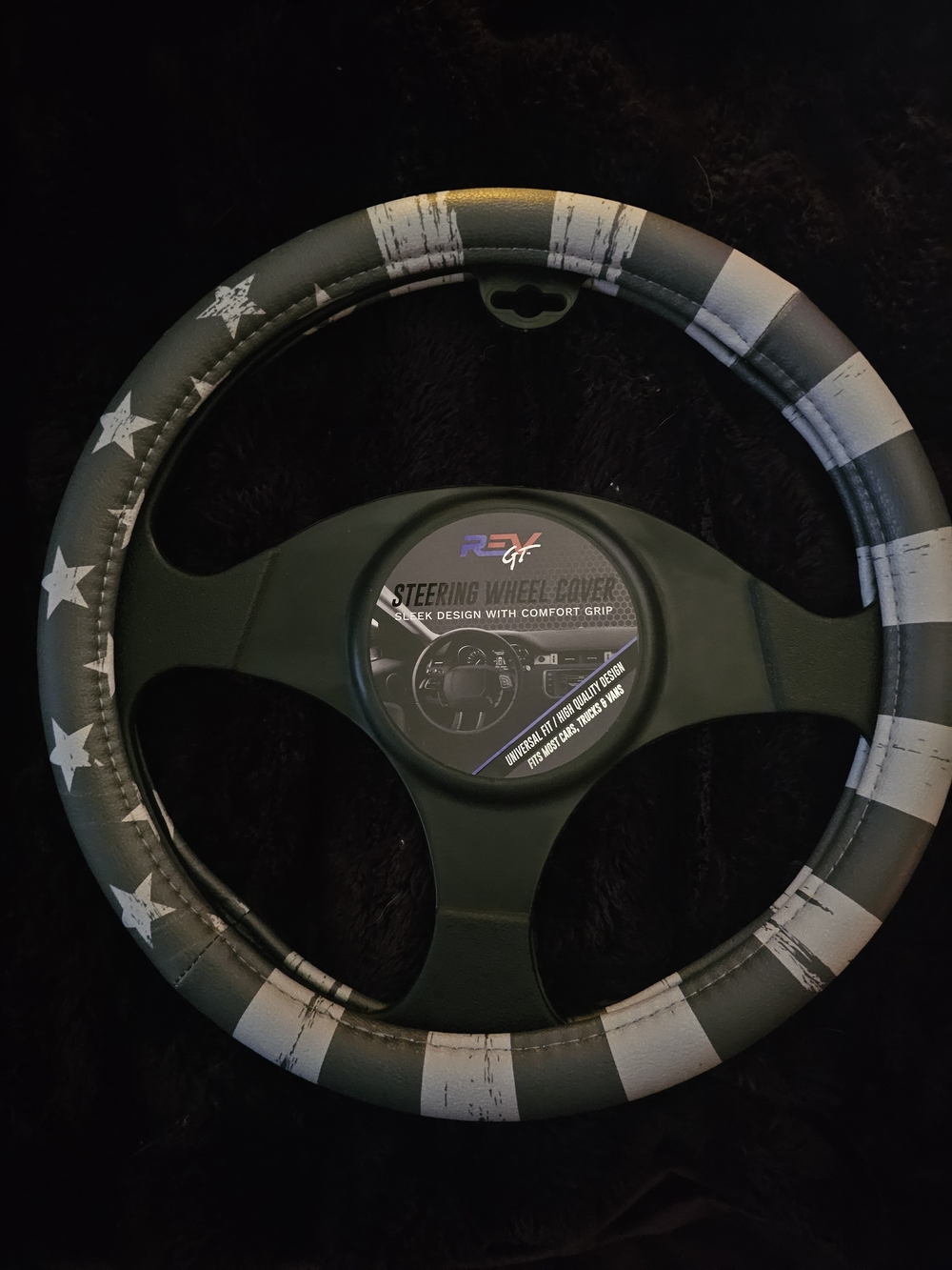 Universal Black & White Star Stripe Steering Wheel Cover - Comfort Grip